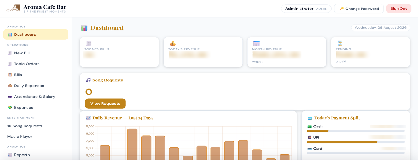 Aroma Cafe Bar - QR based billing dashboard
